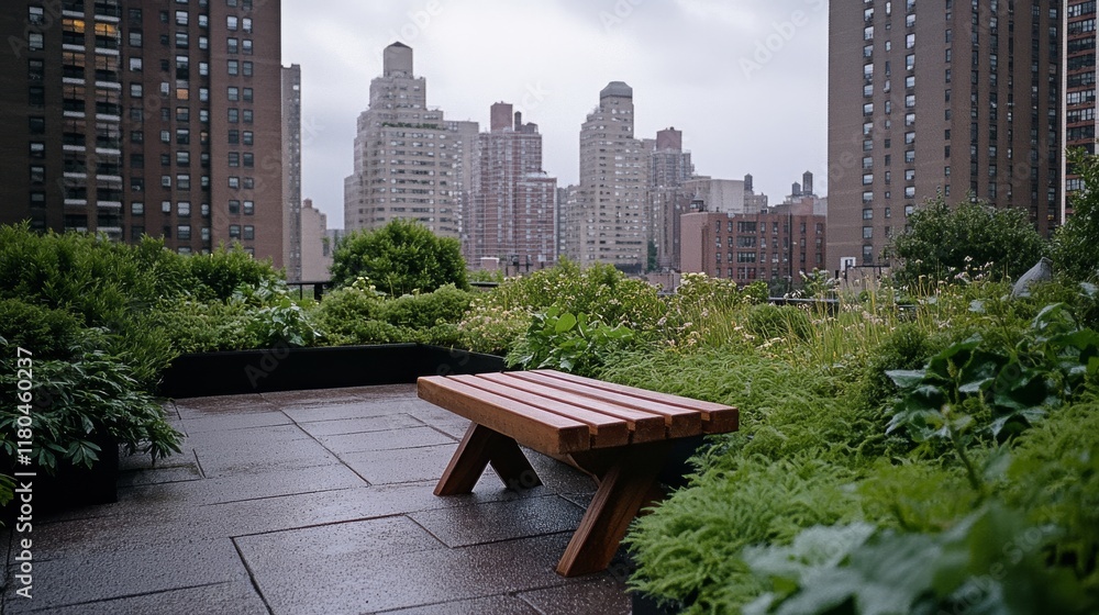 Fototapeta premium A tranquil rooftop garden hosts a simple wooden bench amidst the sprawling city skyline, offering a peaceful retreat.