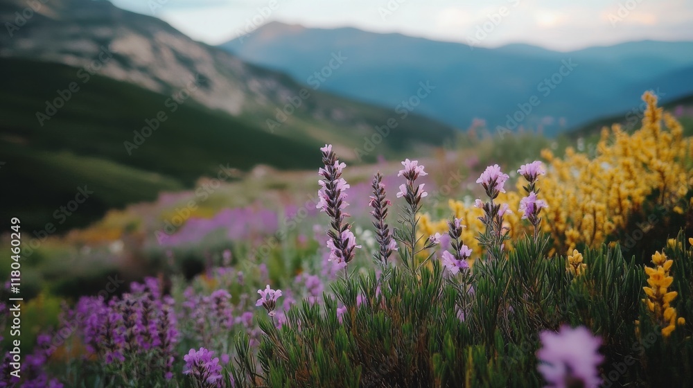 Fototapeta premium Delightful wildflowers in vibrant purple and yellow hues blanket the mountain landscape, inviting viewers to bask in nature's color and tranquility.
