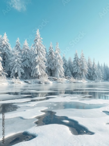 Wallpaper Mural Frozen lake, snow-covered trees, icy blue sky, season, outdoors, winter backdrop Torontodigital.ca