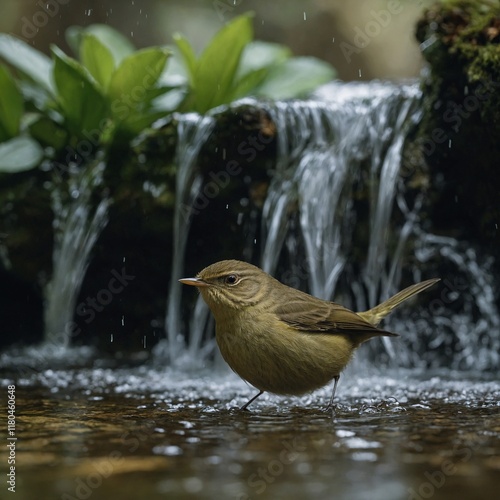 A chiffchaff fluttering near a lush indoor waterfall. photo