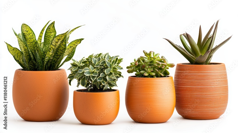 Fototapeta premium bold potted plants in boho style, bright and eclectic pots, assorted plant shapes, dynamic shot, isolated on white background