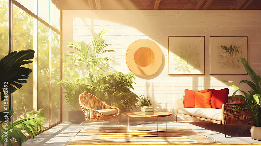 Fototapeta premium A stylish mid-century solarium with modern rattan furniture. Solarchime. Illustration