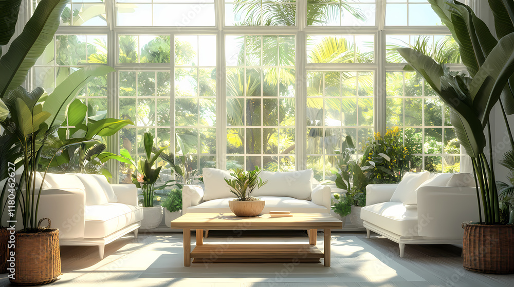 A sunny conservatory with large windows, two white sofas, a wooden table, and plants. Solarchime. Illustration A sunny conservatory with large windows, two white sofas, a wooden table, and plants. Solarchime. Illustration