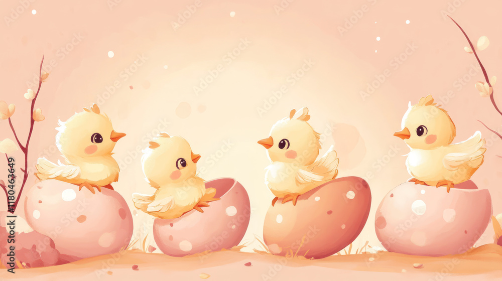 A Cute chicks hatching from pastel eggs in playful scene, evoking joy A Cute chicks hatching from pastel eggs in playful scene, evoking joy
