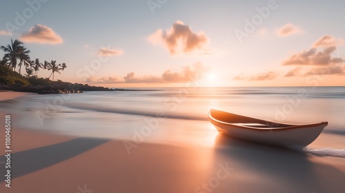 Wallpaper Mural Serene Sunrise Beach Scene With Small Boat Torontodigital.ca