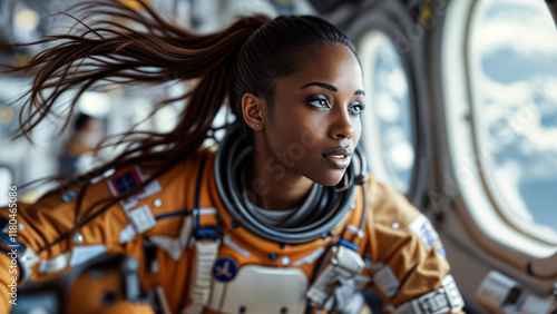 Fototapeta Naklejka Na Ścianę i Meble -  Female Astronaut Floating in Space Ship