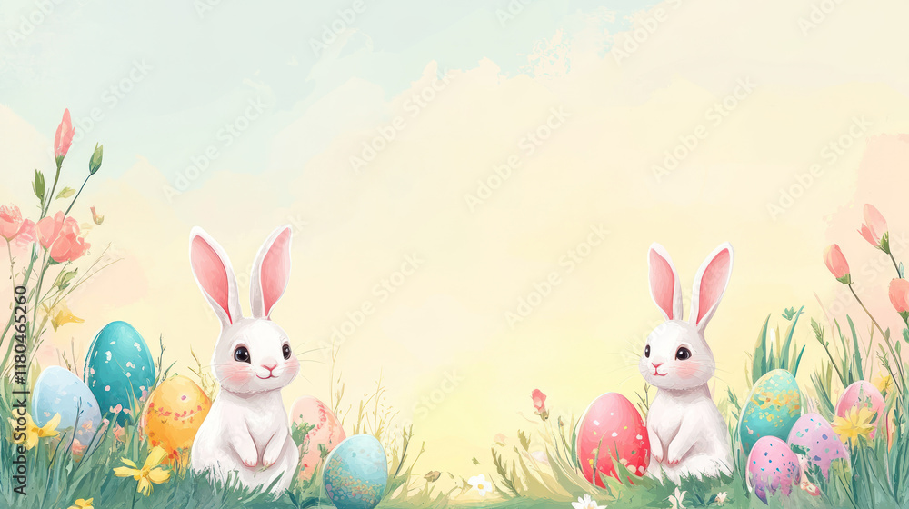 Obraz premium A Whimsical Easter scene with cartoon bunnies and colorful eggs in field