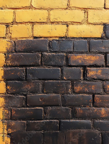 Half yellow, half black painted brick wall texture. photo