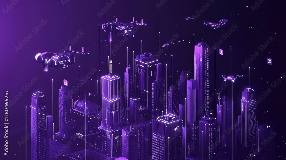 Fototapeta premium Futuristic Cityscape with Drones and Neon Lights