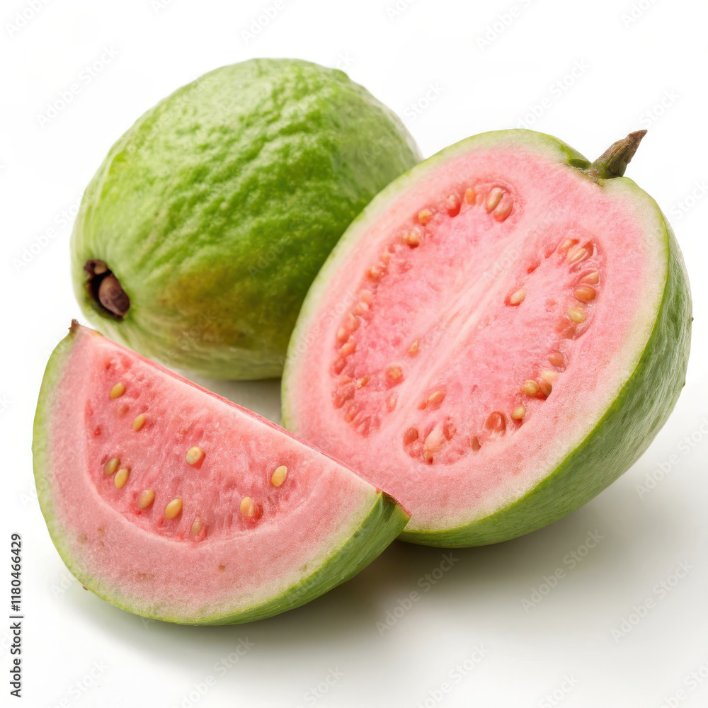 Fresh green guava sliced open, revealing its pink interior and seeds Fresh green guava sliced open, revealing its pink interior and seeds
