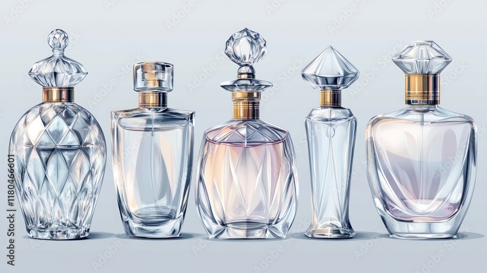 Five elegant perfume bottles, various shapes and designs, showcasing luxury and beauty. Five elegant perfume bottles, various shapes and designs, showcasing luxury and beauty.