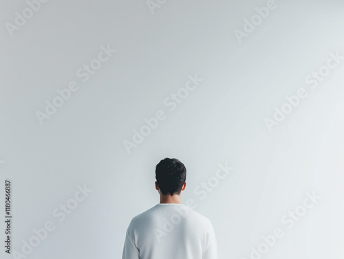 An Adventist Man in Solitude: A Minimalist Portrait Reflecting Unique Identity and Deep Contemplation Against a Pristine White Backdrop. photo