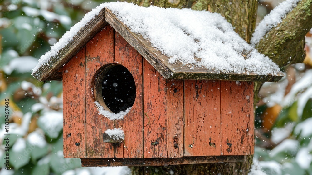 A snowy birdhouse perched on a tree branch. A snowy birdhouse perched on a tree branch.