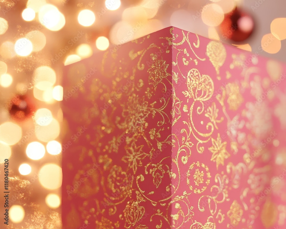 A close-up of a beautifully wrapped pink Valentine box with intricate golden patterns, framed by soft-focus fairy lights and shimmering baubles A close-up of a beautifully wrapped pink Valentine box with intricate golden patterns, framed by soft-focus fairy lights and shimmering baubles