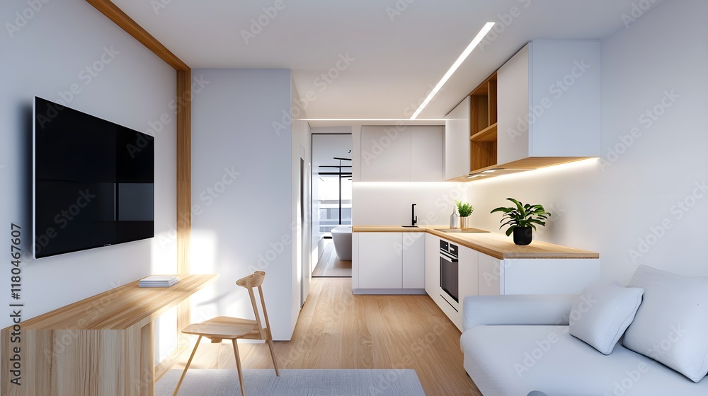 Fototapeta premium Compact yet chic apartment, soft furnishings and natural light, urban lifestyle