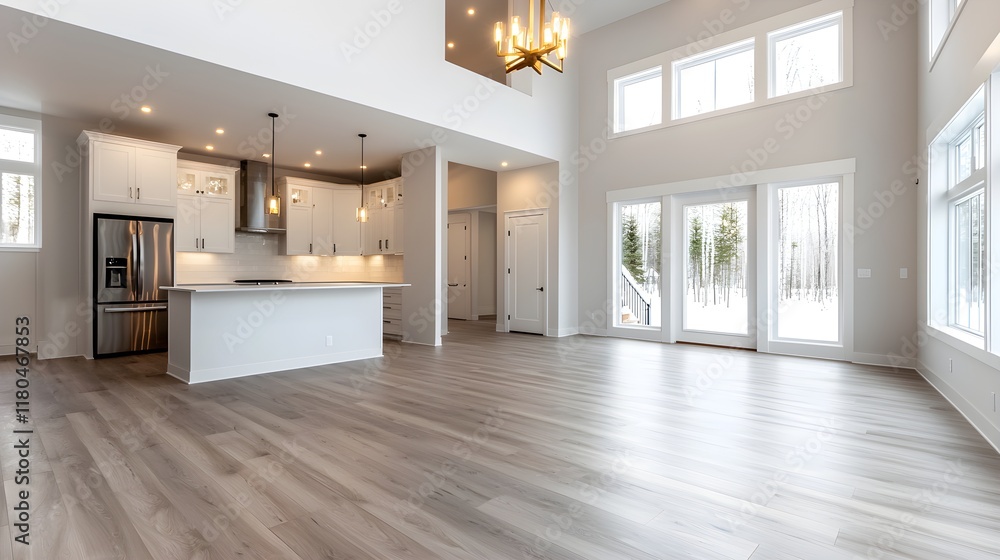 Fototapeta premium Contemporary house interior with spacious open layout, clean ad space for open house info, bright and modern style, professional look