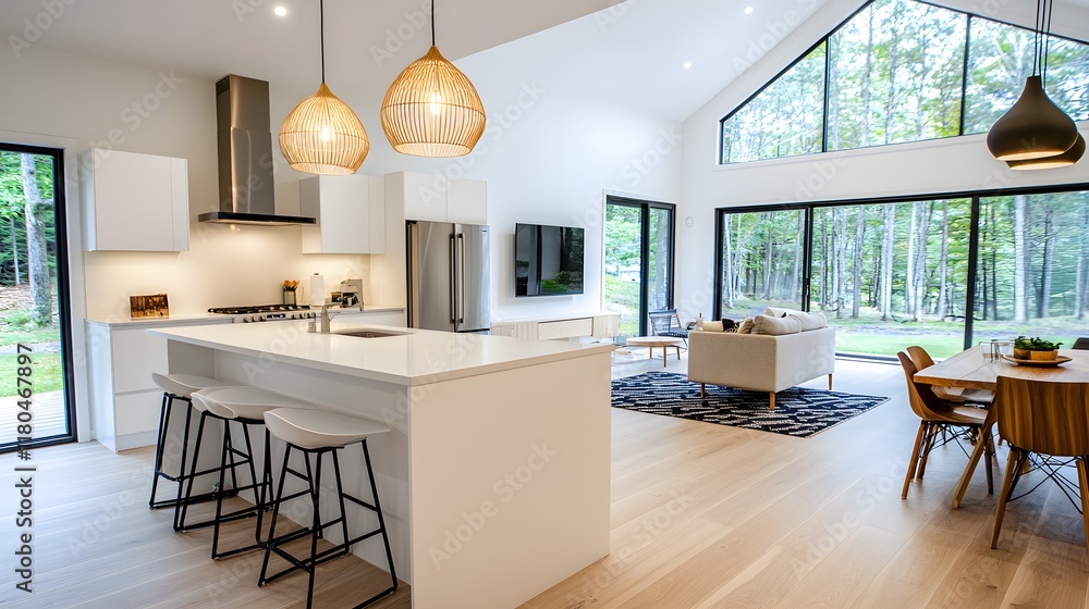 Fototapeta premium Contemporary house interior with spacious open layout, clean ad space for open house info, bright and modern style, professional look