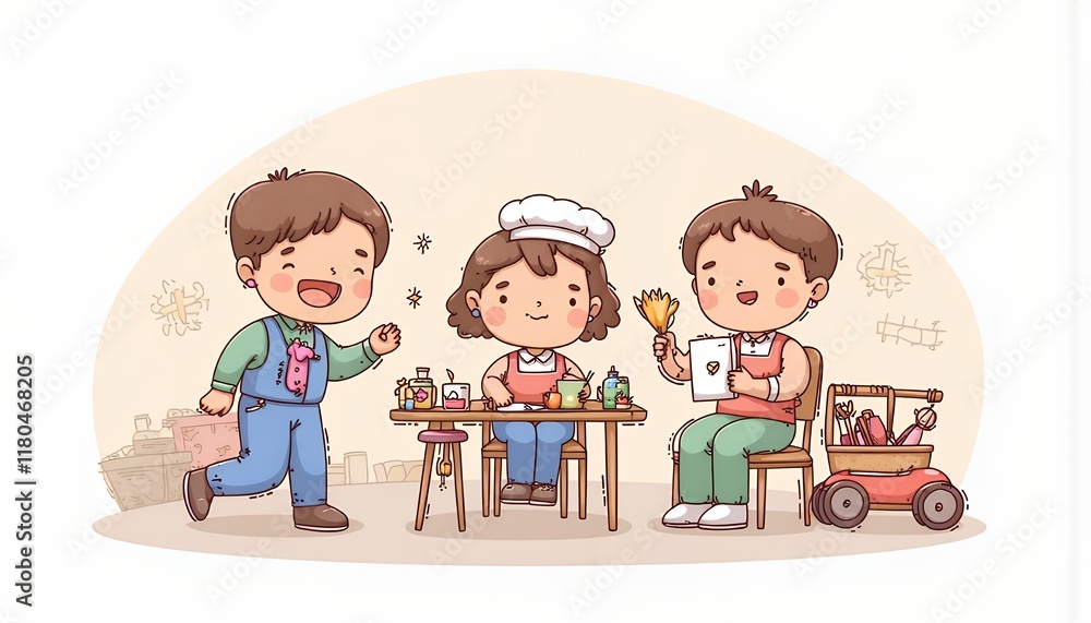 2D Flat Chibi Cartoon Character Illustration of Three Happy Children Pretend Playing as Chefs in a Play Kitchen Setting with Various Toys and Food Items - Isolated on White Background 2D Flat Chibi Cartoon Character Illustration of Three Happy Children Pretend Playing as Chefs in a Play Kitchen Setting with Various Toys and Food Items - Isolated on White Background