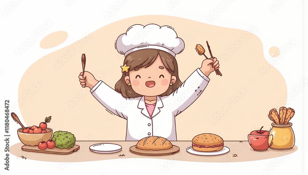 2D Flat Chibi Cartoon Character of a Chef Joyfully Preparing Food - A cheerful chibi chef happily holds a fork and spoon, surrounded by various baked goods, fruits, and vegetables on a table in a kitc 2D Flat Chibi Cartoon Character of a Chef Joyfully Preparing Food - A cheerful chibi chef happily holds a fork and spoon, surrounded by various baked goods, fruits, and vegetables on a table in a kitc