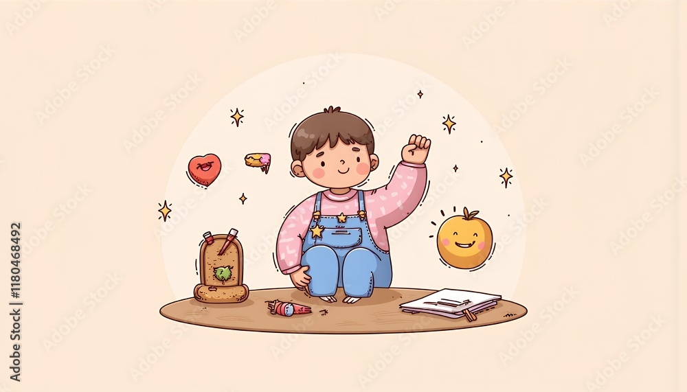 2D Flat Chibi Cartoon Character of a Child Joyfully Playing with Toys - A cheerful chibi child is shown surrounded by colorful toys and objects, engaged in playful activity. The scene is set against a 2D Flat Chibi Cartoon Character of a Child Joyfully Playing with Toys - A cheerful chibi child is shown surrounded by colorful toys and objects, engaged in playful activity. The scene is set against a