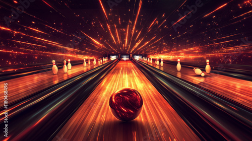 A bowling ball speeds down a fiery, glowing lane towards pins. Orange and red light streaks fill the alley