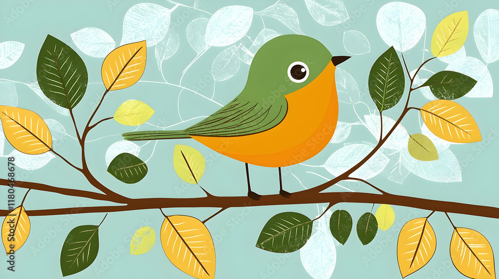 Fototapeta premium Cute bird perched on branch, autumn leaves background, nature illustration, children's book.