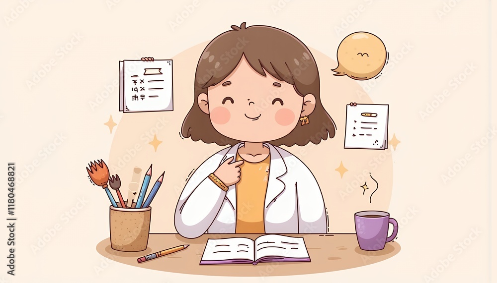 2D Flat Chibi Cartoon Character of a Doctor - Thoughtful female doctor sitting at a desk, surrounded by medical supplies and documents, working on research or paperwork. Isolated on white background - 2D Flat Chibi Cartoon Character of a Doctor - Thoughtful female doctor sitting at a desk, surrounded by medical supplies and documents, working on research or paperwork. Isolated on white background -