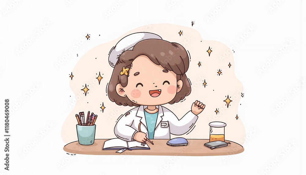 2D Flat Chibi Cartoon Character of a Female Scientist Cheerfully Writing in a Notebook at her Laboratory Desk, Surrounded by Science Equipment and Sparkling Effects - Isolated on White Background 2D Flat Chibi Cartoon Character of a Female Scientist Cheerfully Writing in a Notebook at her Laboratory Desk, Surrounded by Science Equipment and Sparkling Effects - Isolated on White Background