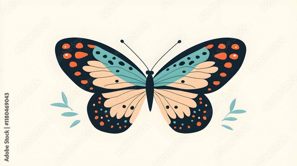 Obraz premium Colorful butterfly illustration, pastel background, floral accents, design element.