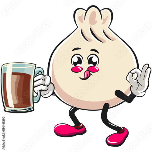 Cute dumpling vektor illustration mascot character carrying a large glass of tea, Xiao Long Bao, Asian, Chinese food, work of hand drawn