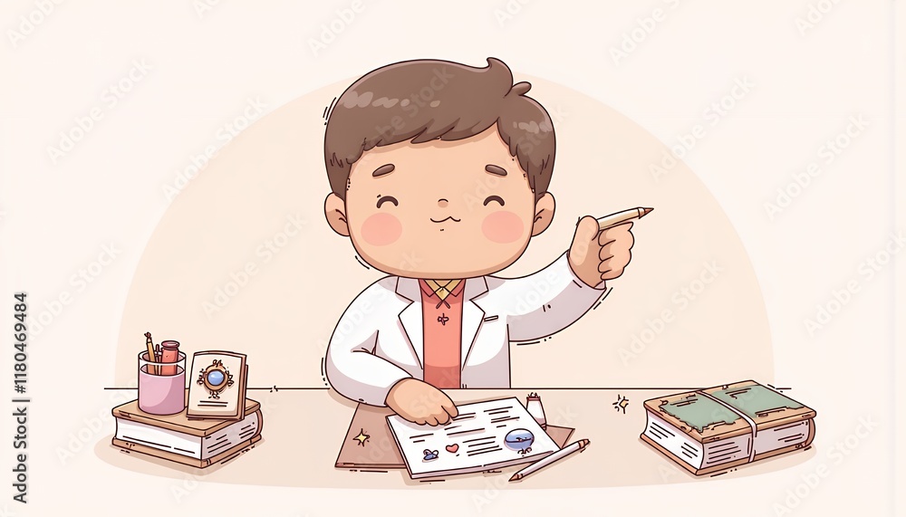 2D Flat Chibi Cartoon Character of a Scientist - A young boy scientist is sitting at his desk, working on an experiment. He is surrounded by books, a pencil, and a notepad. He looks focused and determ