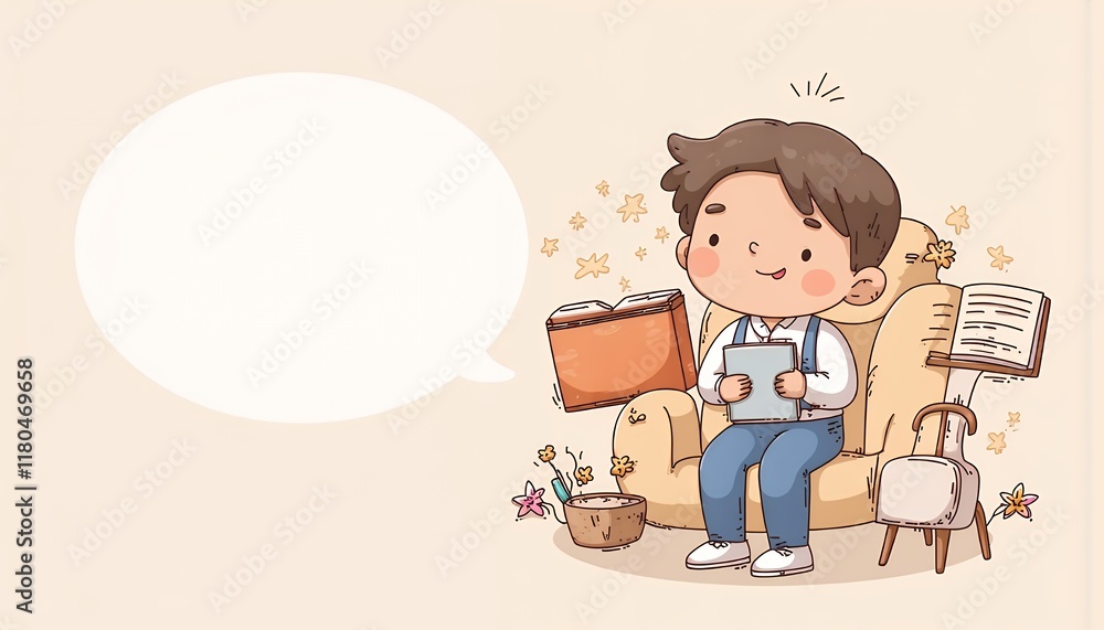 2D Flat Chibi Cartoon Character of a Student - Cute boy happily reading a book and using a tablet while sitting on a cozy chair surrounded by books and other items in a relaxing home environment - iso 2D Flat Chibi Cartoon Character of a Student - Cute boy happily reading a book and using a tablet while sitting on a cozy chair surrounded by books and other items in a relaxing home environment - iso