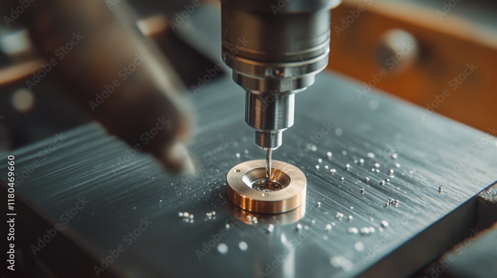 Precision drilling on a metal workpiece, captured with fine detail, showcasing intricate craftsmanship in a workshop setting. Precision drilling on a metal workpiece, captured with fine detail, showcasing intricate craftsmanship in a workshop setting.