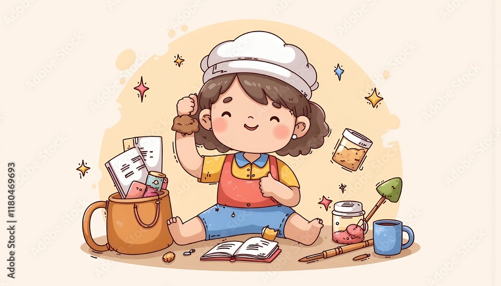 2D Flat Chibi Cartoon Character of a Student - Happy Girl Studying with Backpack, Books, and Snacks Surrounded by School Supplies - Isolated on White Background 2D Flat Chibi Cartoon Character of a Student - Happy Girl Studying with Backpack, Books, and Snacks Surrounded by School Supplies - Isolated on White Background