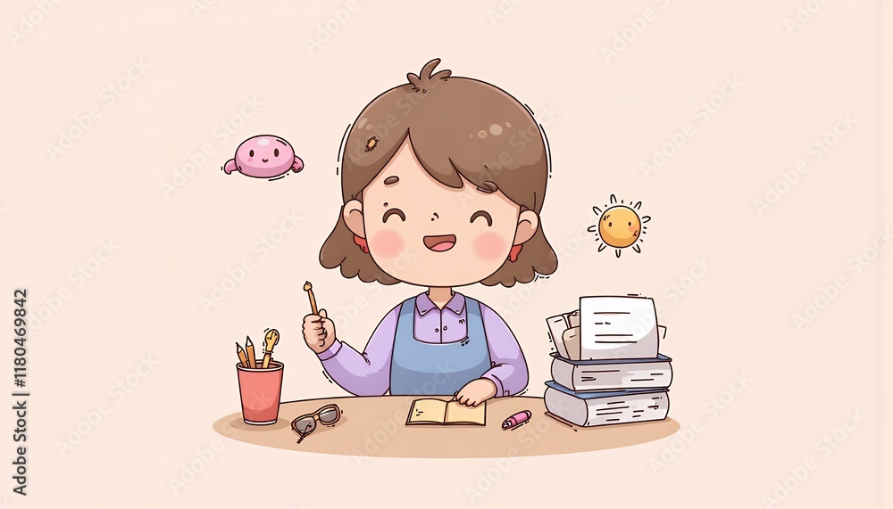 2D Flat Chibi Cartoon Character of a Writer - Happy young girl writing at her desk surrounded by books and stationery in a bright, cheerful setting - Isolated on white background. Perfect for children 2D Flat Chibi Cartoon Character of a Writer - Happy young girl writing at her desk surrounded by books and stationery in a bright, cheerful setting - Isolated on white background. Perfect for children