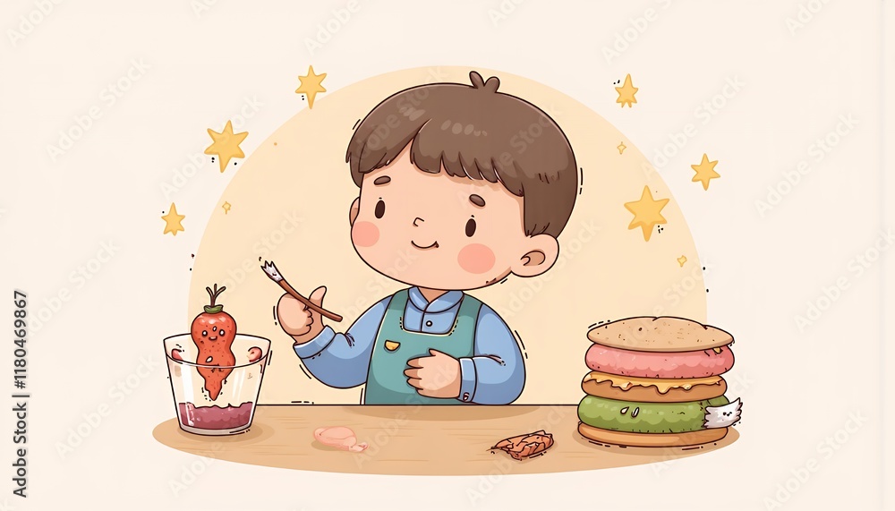 2D Flat Chibi Cartoon Character of a Young Artist Painting Adorable Cookies and Desserts in a Whimsical Setting - Isolated on White Background 2D Flat Chibi Cartoon Character of a Young Artist Painting Adorable Cookies and Desserts in a Whimsical Setting - Isolated on White Background