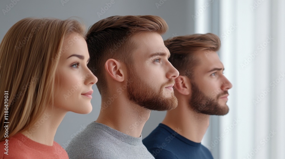 Profile view of three diverse young adults gazing into the distance with soft lighting and neutral background