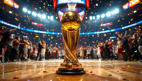 NBA championship trophy gleams on a court amid jubilant players, confetti, and spotlight.

 photo