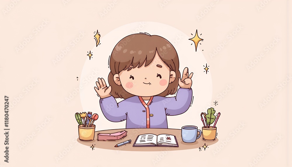 2D Flat Chibi Cartoon Character of an Illustrator - A cute chibi girl is happily working at her desk, surrounded by potted plants and stationery, creating art in her cozy workspace - isolated on whit 2D Flat Chibi Cartoon Character of an Illustrator - A cute chibi girl is happily working at her desk, surrounded by potted plants and stationery, creating art in her cozy workspace - isolated on whit