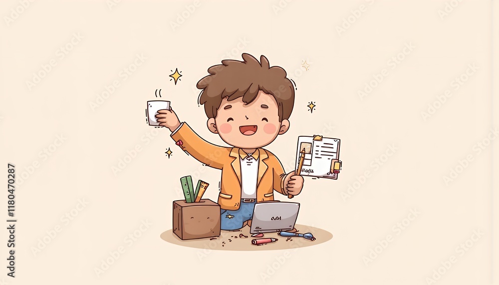 2D Flat Chibi Cartoon Character of an Illustrator Cheerfully Working at Their Desk, Surrounded by Art Supplies and a Computer, Isolated on White 2D Flat Chibi Cartoon Character of an Illustrator Cheerfully Working at Their Desk, Surrounded by Art Supplies and a Computer, Isolated on White