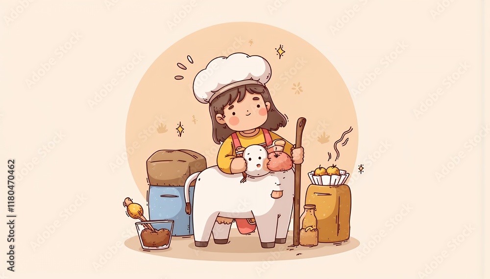 2D Flat Chibi Cartoon Character of Baker - A young baker girl is lovingly holding a lamb, surrounded by sacks of flour and jars of honey, in a cozy countryside setting - isolated on white background. 2D Flat Chibi Cartoon Character of Baker - A young baker girl is lovingly holding a lamb, surrounded by sacks of flour and jars of honey, in a cozy countryside setting - isolated on white background.