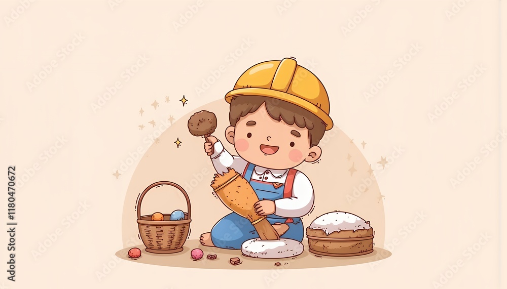 2D Flat Chibi Cartoon Character of Construction Worker - A cute chibi child construction worker happily plays with toy blocks and tools, surrounded by a basket of colorful eggs, sitting on a beige bac 2D Flat Chibi Cartoon Character of Construction Worker - A cute chibi child construction worker happily plays with toy blocks and tools, surrounded by a basket of colorful eggs, sitting on a beige bac