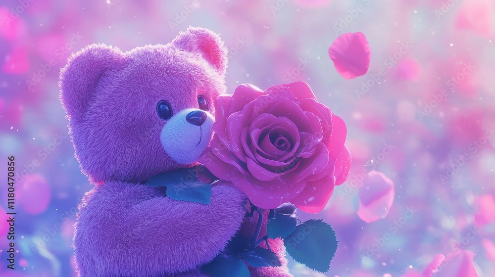 Fototapeta premium Adorable Pink Teddy Bear with a Single Red Rose, Dreamy Pastel Background