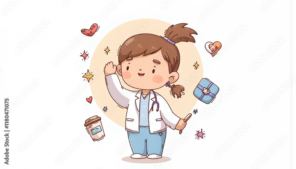 2D Flat Chibi Cartoon Character of Doctor - Cheerful female doctor with a stethoscope, surrounded by coffee cup, gift, and stationery, isolated on white background - Adorable and joyful illustration p 2D Flat Chibi Cartoon Character of Doctor - Cheerful female doctor with a stethoscope, surrounded by coffee cup, gift, and stationery, isolated on white background - Adorable and joyful illustration p
