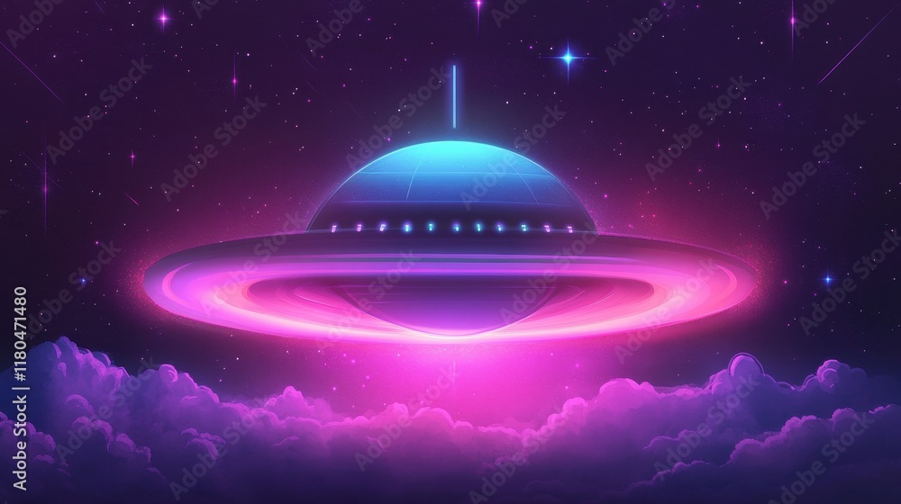 Neon Flying Saucer Above Purple Clouds In Space Neon Flying Saucer Above Purple Clouds In Space