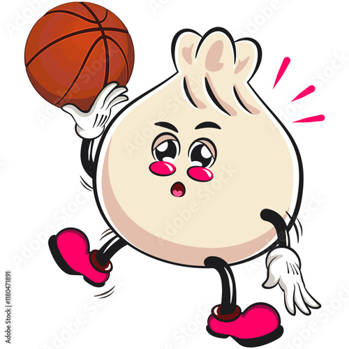 Cute dumpling vektor illustration mascot character playing basketball, Xiao Long Bao, Asian, Chinese food, work of hand drawn