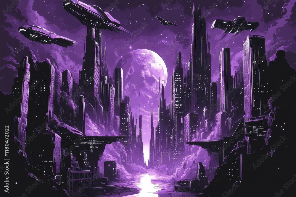 Obraz premium Futuristic Cityscape Underneath A Purple Moon With Spaceships