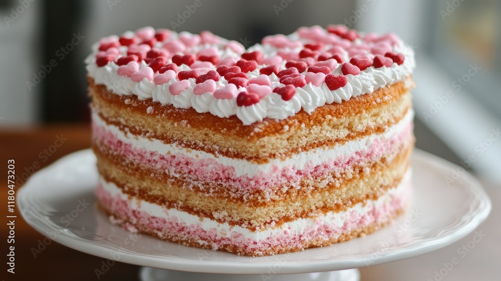 A heart-shaped cake adorned with layers of pink and white sugar hearts, with a sprinkle of red candies on top. A heart-shaped cake adorned with layers of pink and white sugar hearts, with a sprinkle of red candies on top.