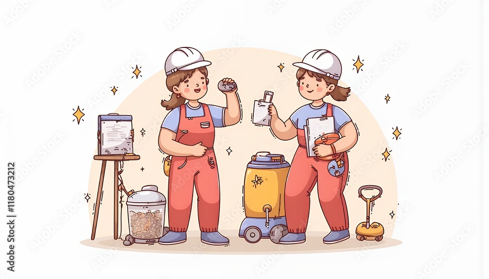 Two cheerful female construction workers collaborating on a project, reviewing blueprints and samples, surrounded by tools and equipment - a 2D flat chibi cartoon illustration isolated on white backgr Two cheerful female construction workers collaborating on a project, reviewing blueprints and samples, surrounded by tools and equipment - a 2D flat chibi cartoon illustration isolated on white backgr