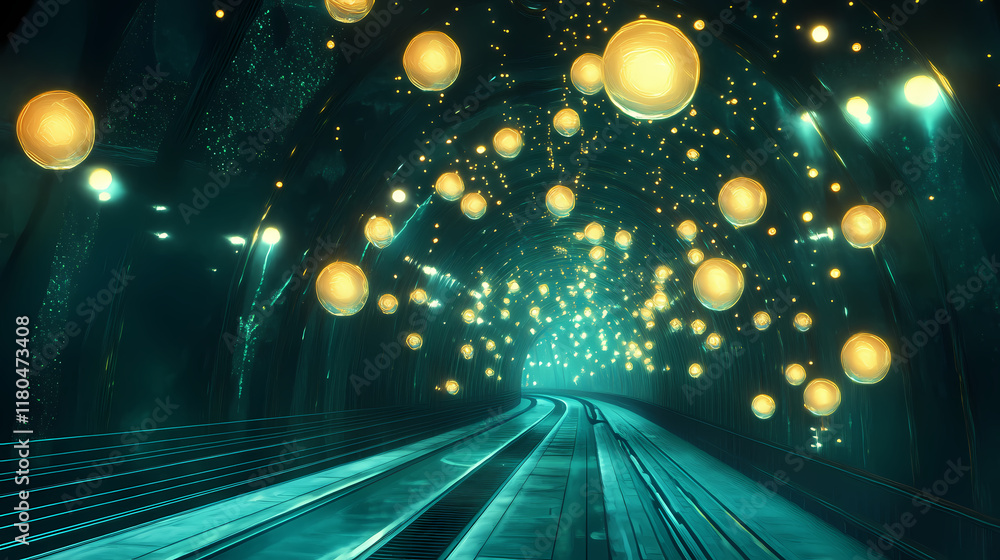 Obraz premium Tunnel filled with glowing orbs that float through the air, glowing, shimmering. Nightglow. Illustration